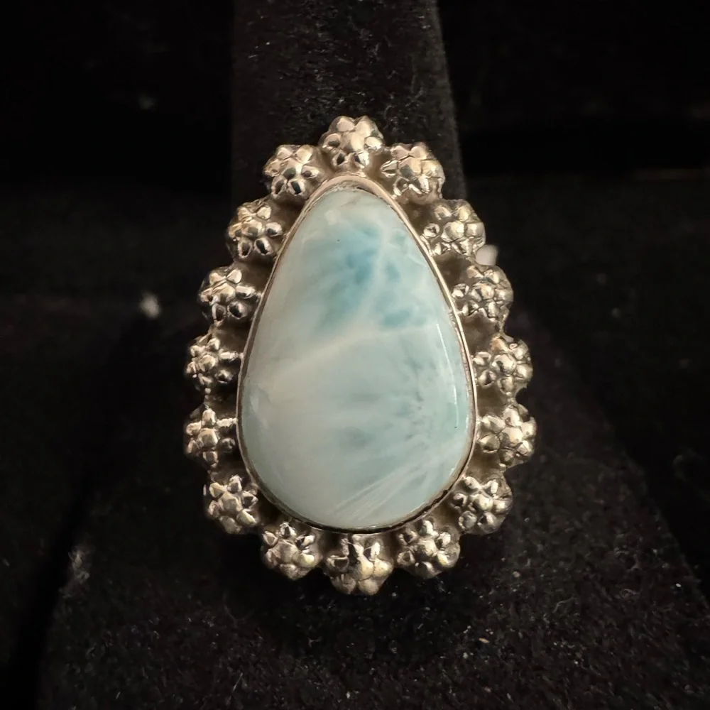 Elegant sterling Silver and genuine Blue larimar Teardrop‎ Ring